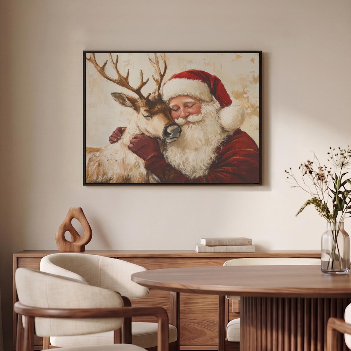 LEINWAND Bilder mit Rahmen - Weihnachtsmann - Rentier - Weihnachten - 70x50 - Rotbraun, Textil (70/50cm) - MuchoWow