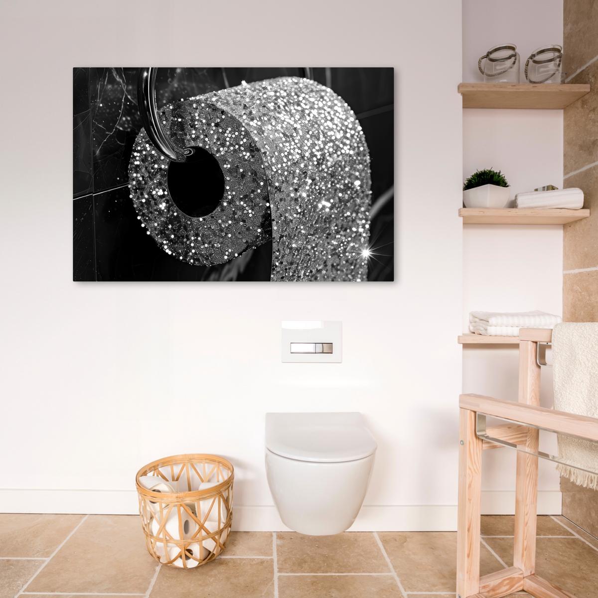 LEINWANDBILD WC - Toilettenpapier - Schwarz und weiß - Glitter Wohnzimmer Groß 120x80 cm - Silberfarben, Textil (120/80cm) - MuchoWow