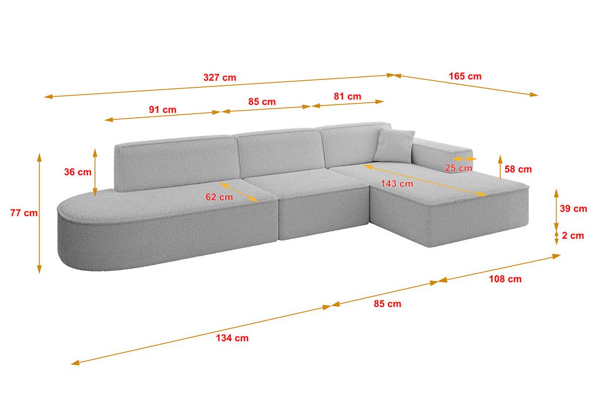 ECKSOFA Ottomane Rechts IREA-L2-v4 - 327x165x77 cm Hellgrau - Hellgrau, Holzwerkstoff/Textil (327/165cm) - ALTDECOR