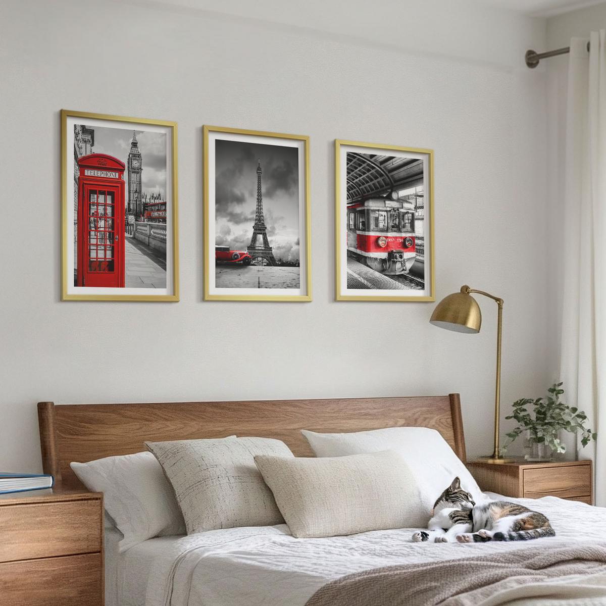 BILDER SET 3er Set - 40x60 cm Goldrahmen - Ikonen London Paris Verkehr - Goldfarben, Kunststoff (40/60cm) - TULUP