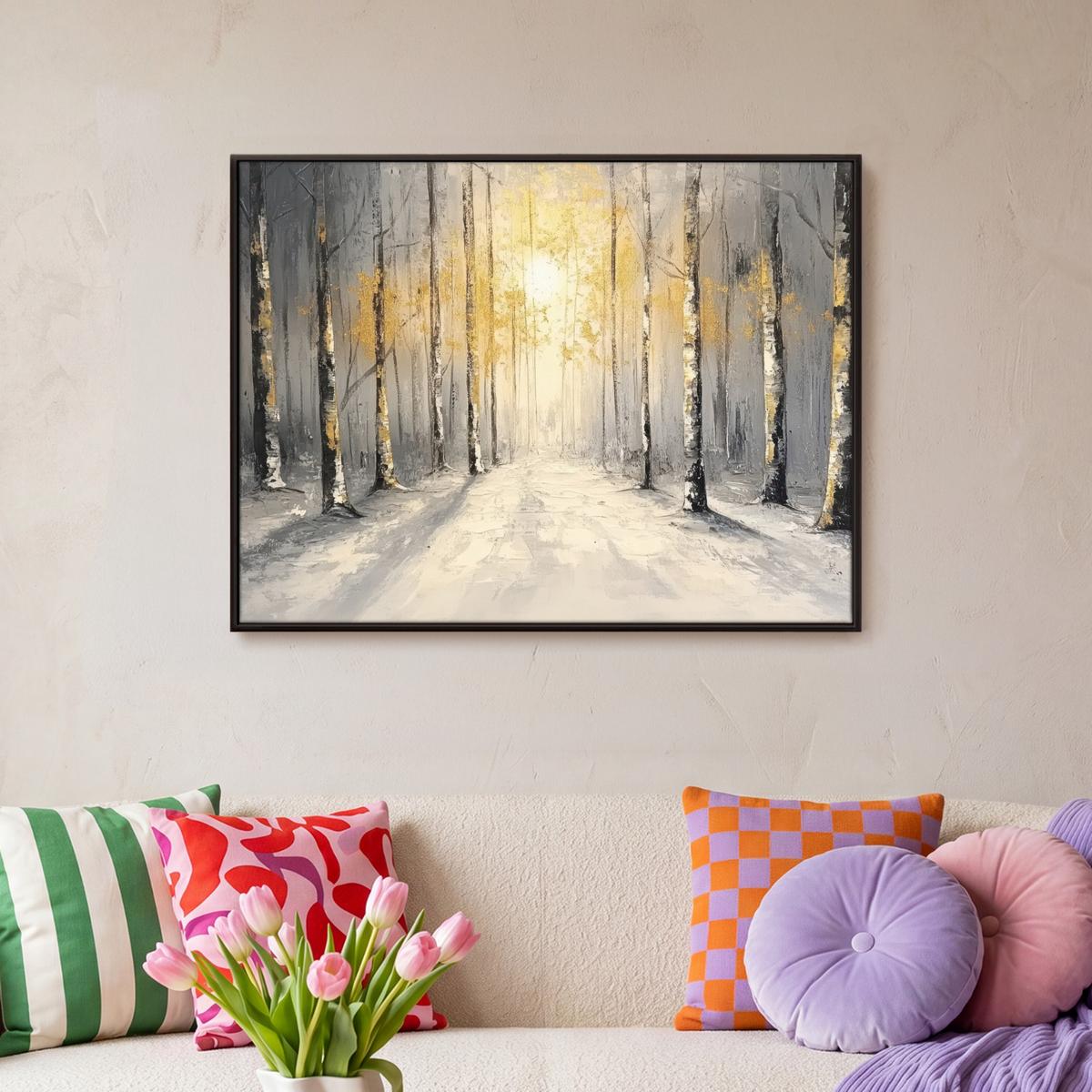 LEINWAND Bilder mit Rahmen - Winter - Abstrakt - Schnee - Natur - Sonne - 70x50 - Grau, Textil (70/50cm) - MuchoWow