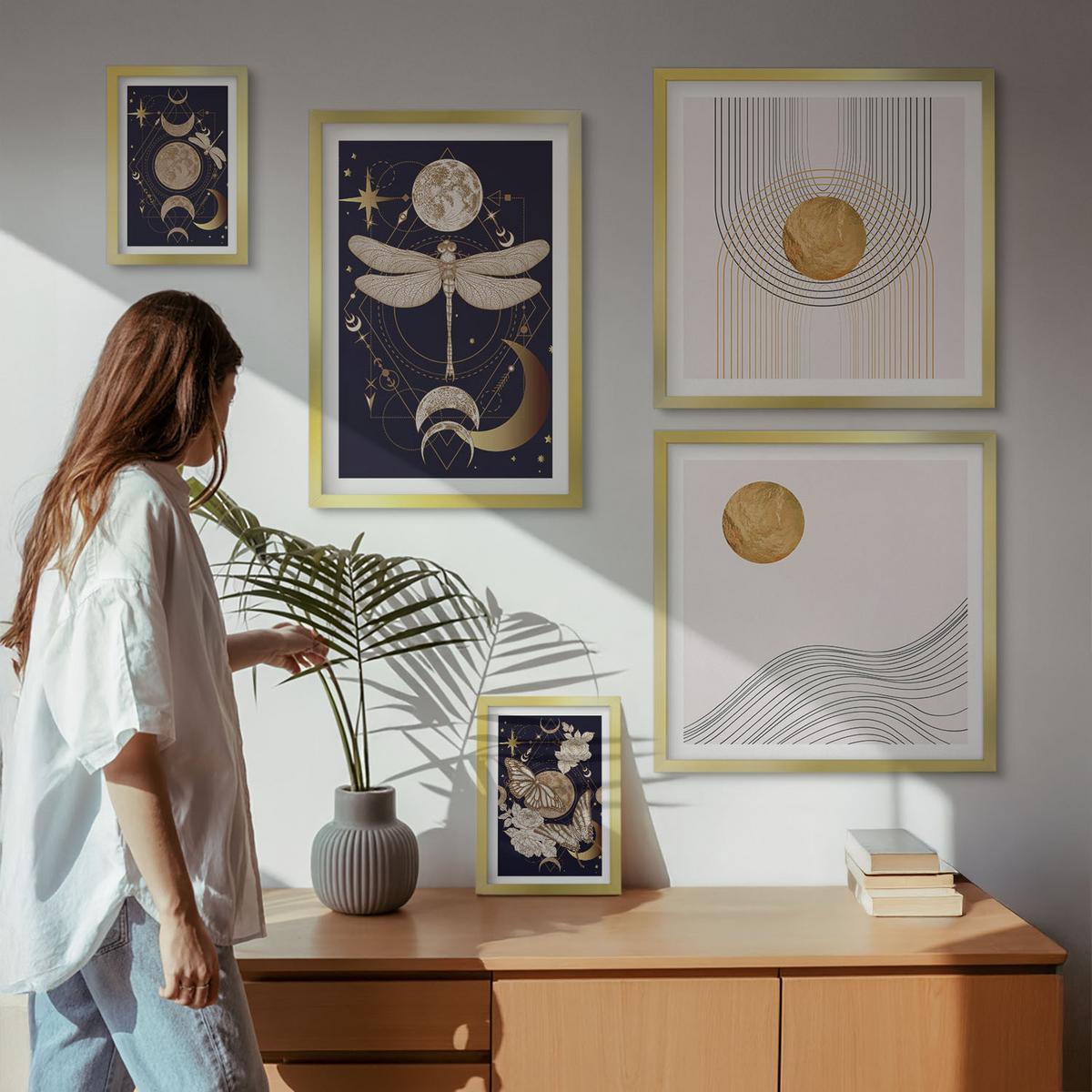 BILDER SET 5er Set - 50x50 cm & 20x30 cm & 40x60 cm Goldrahmen - Naturmotive mit dem Mond - Goldfarben, Kunststoff (40/60cm) - TULUP