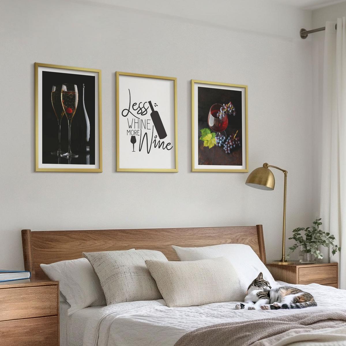 BILDER SET 3er Set - 40x60 cm Goldrahmen - Weingläser mit Trauben und Inschrift - Goldfarben, Kunststoff (40/60cm) - TULUP