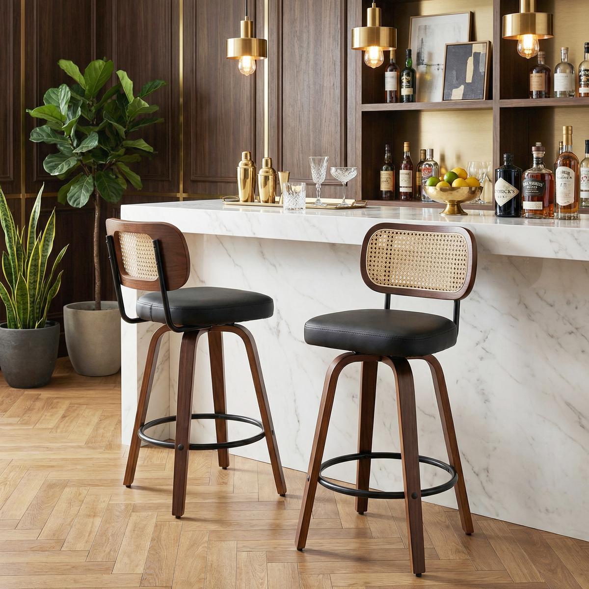 BARHOCKER SET 2 STK. 90 cm Walnuss & Schwarz Drehbare Rattan Barstühle mit Polstersitz - Schwarz, Leder (56/90/43cm) - Urban Meuble