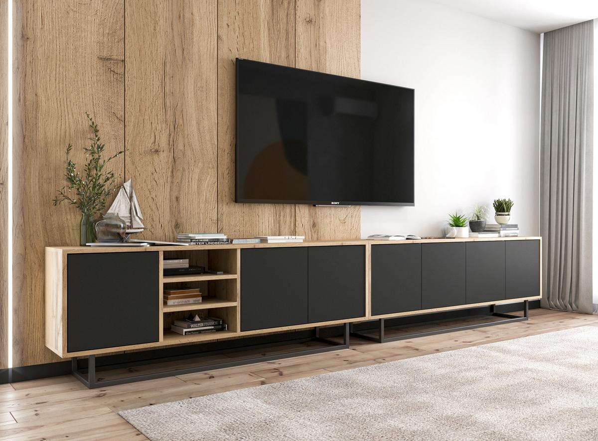TV-SCHRANK 2-er Set Apollo Eiche wotan Schwarz Matt 150 cm - Schwarz, Holzwerkstoff/Metall (300/53/35cm) - Meble Lindner