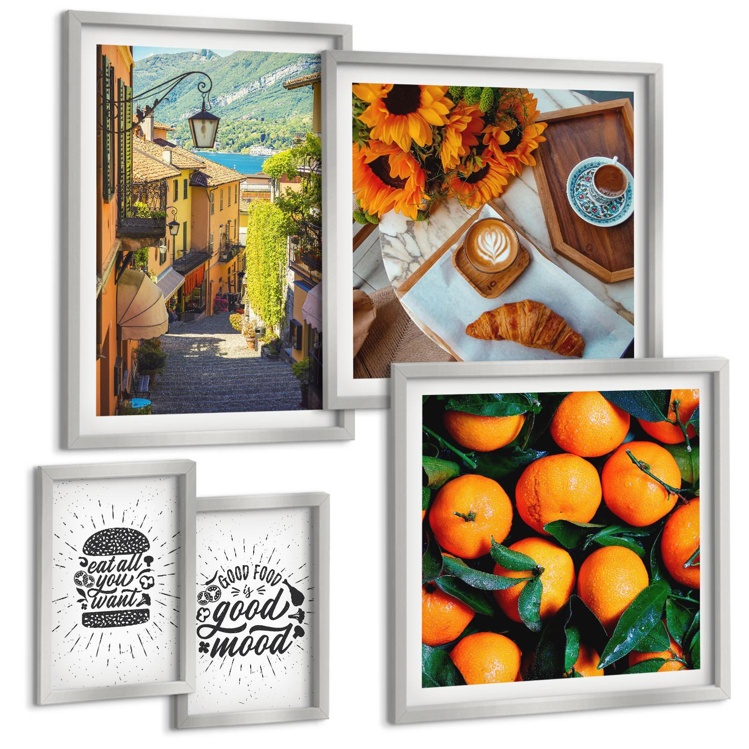 BILDER SET 5er Set - 50x50 cm & 20x30 cm & 40x60 cm Silberner Rahmen - Juicy Oranges Kitchen - Silberfarben, Kunststoff (40/60cm) - TULUP