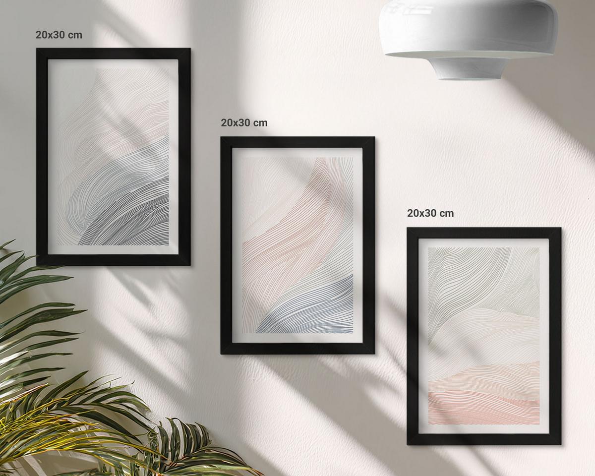 BILDER SET 3er Set - 20x30 cm Schwarzer Rahmen - Abstrakte Wellen, Karton, Pastell - Schwarz, Kunststoff (20/30cm) - TULUP