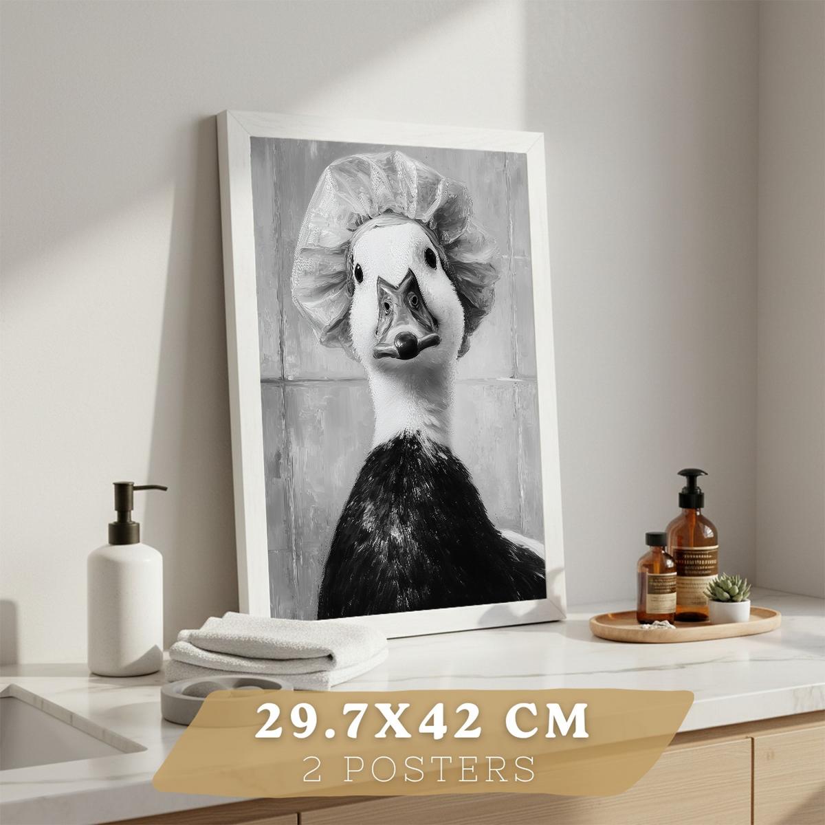 POSTER 2er-Set lustige Tiermotive in Schwarz-Weiß fürs Badezimmer, witzige für Toilette, Bad und Waschbecken, minimalistischer Stil Weißer Rahmen A3 - Weiß, Papier (42/29.7/3cm) - Nacnic