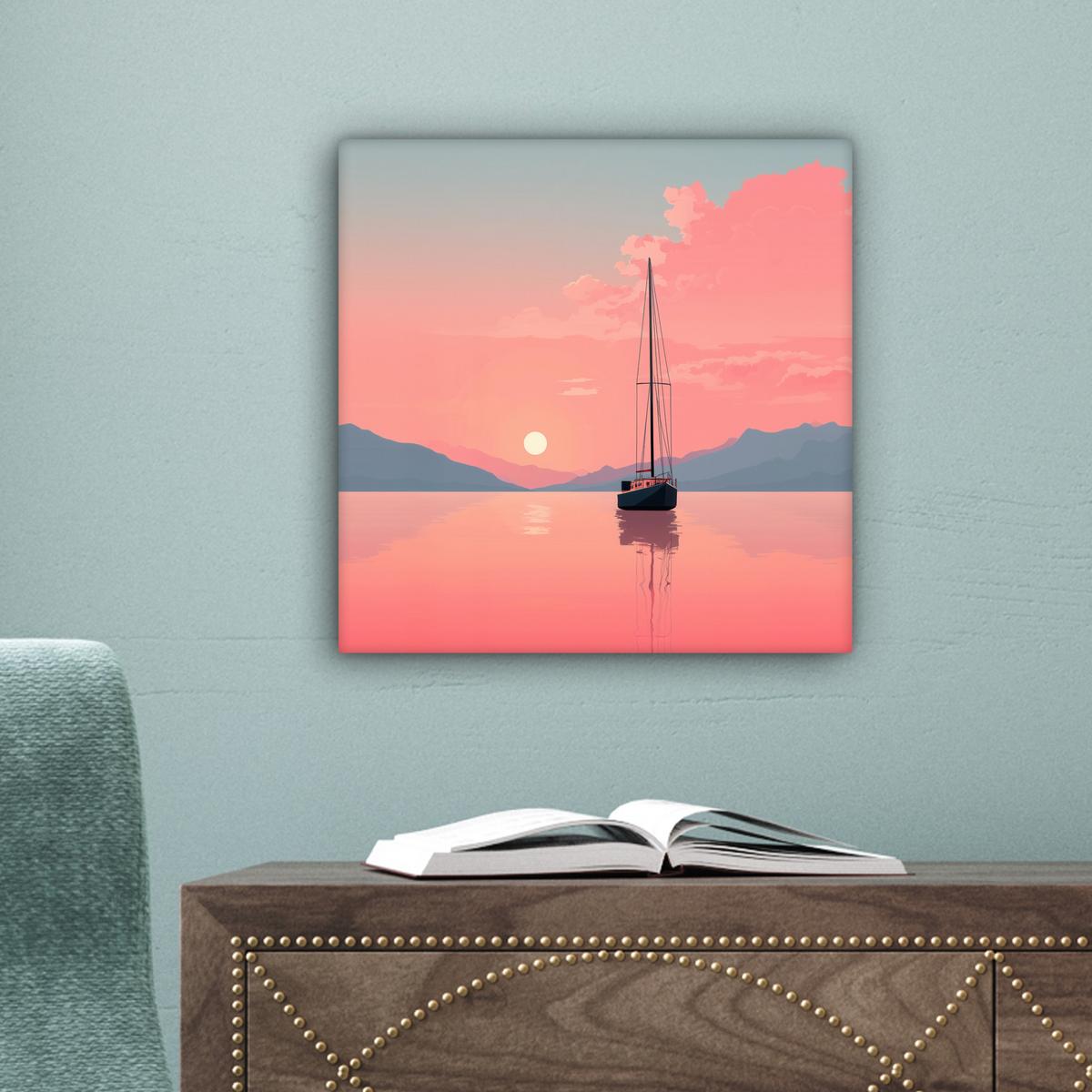 LEINWANDBILD Segelboot - Rosa Meer - Sonnenuntergang - Berge Deko Wohnzimmer 20x20 cm - Rosa, Textil (20/20cm) - MuchoWow