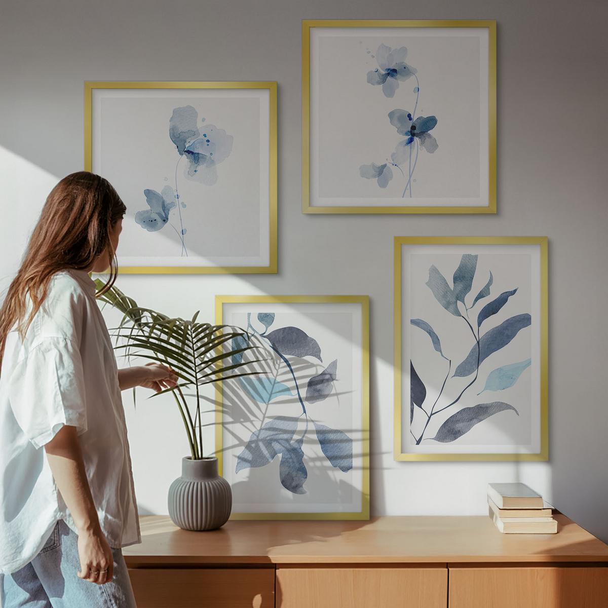 BILDER SET 4er Set - 50x50 cm & 40x60 cm Goldrahmen - Aquarell von blauen Blättern - Goldfarben, Kunststoff (50/50cm) - TULUP