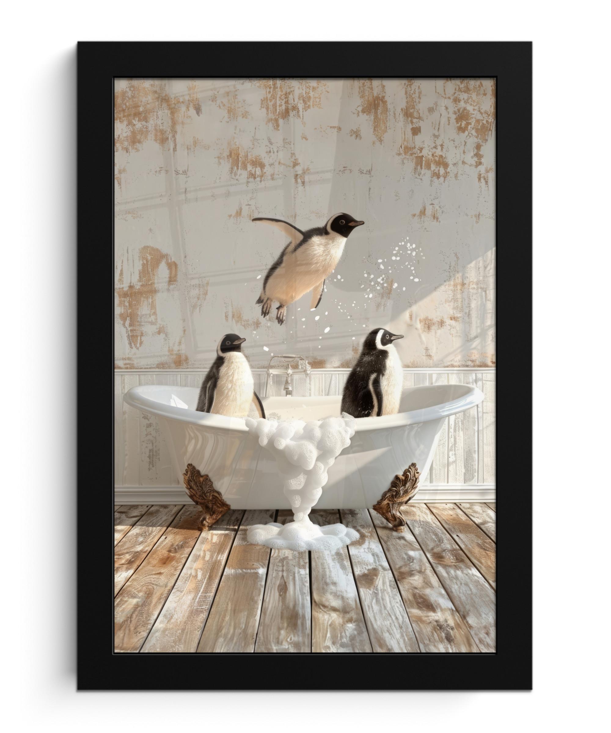 POSTER MIT RAHMEN Vintage - Pinguin - Badewanne - Schaumstoff Poster 20x30 cm - Schwarz, Papier (20/30cm) - MuchoWow