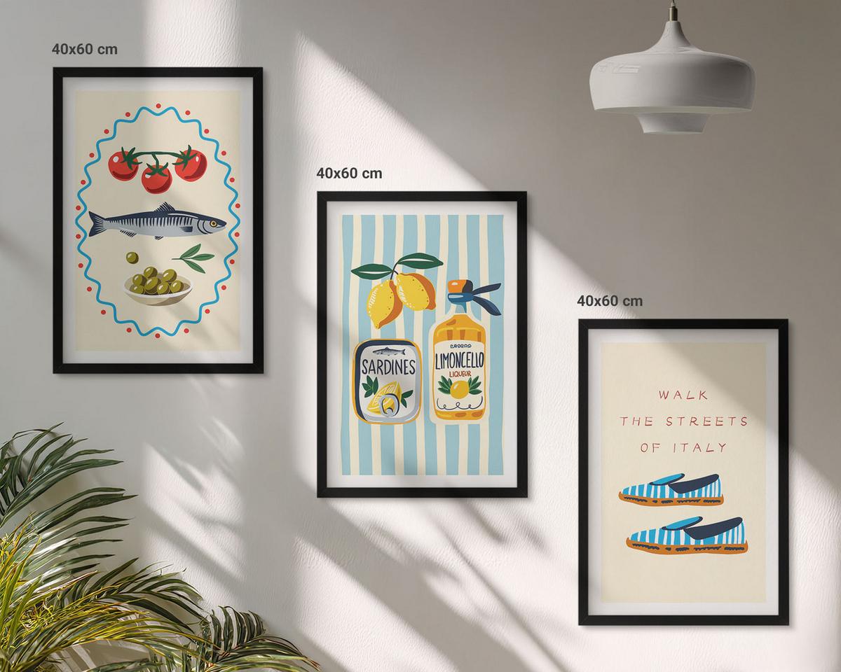 BILDER SET 3er Set - 40x60 cm Schwarzer Rahmen - Italienische Aromen und Lifestyle-Bilder - Schwarz, Kunststoff (40/60cm) - TULUP