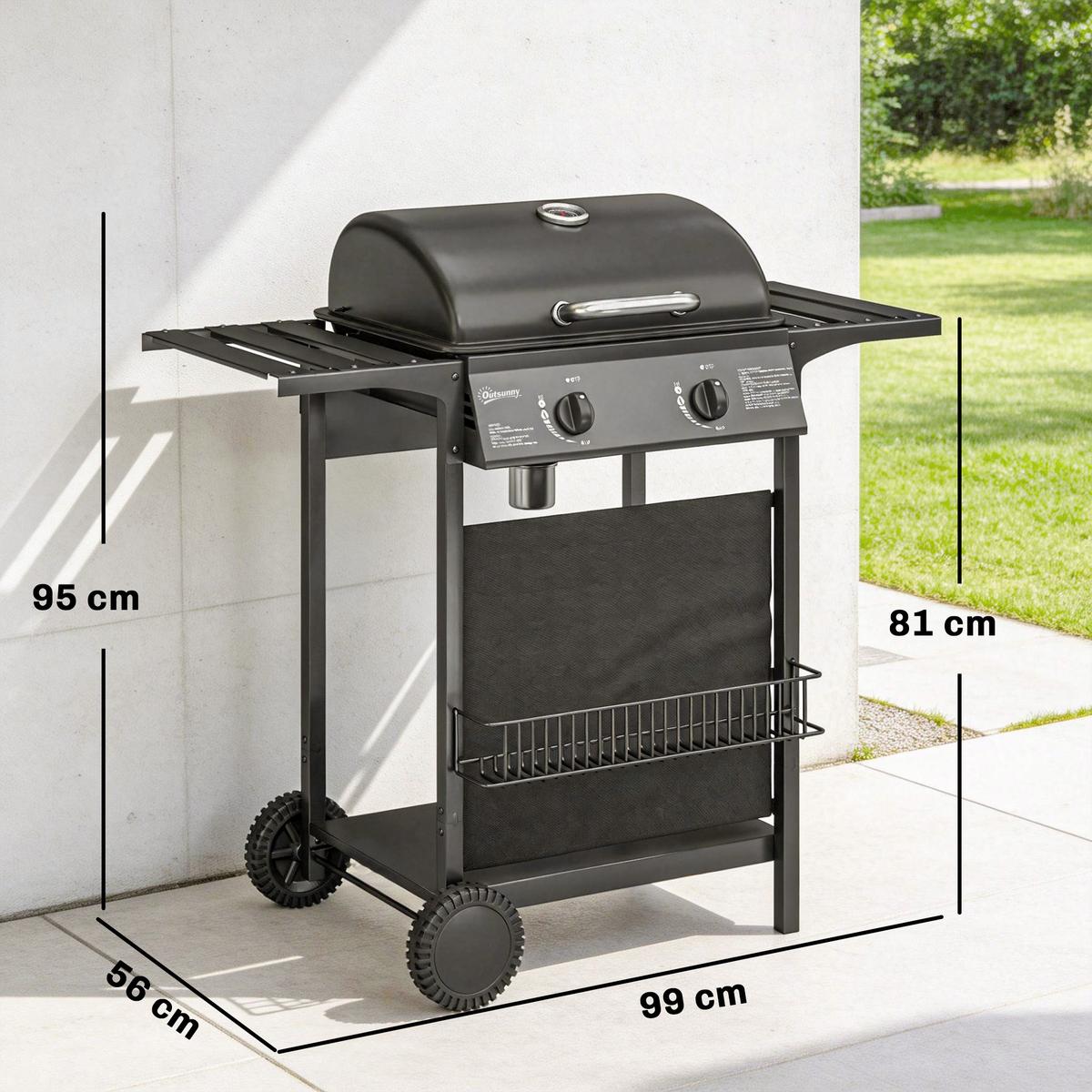 GASGRILL mit 2 Brenner aus Metall Schwarz - Schwarz, Metall (56/95/99cm) - Outsunny