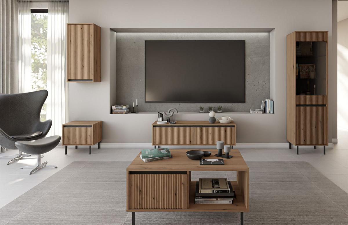 VITRINE Osaka Eichenholzoptik Evoke 56 cm - Eichefarben/Schwarz, Holzwerkstoff/Metall (55.8/205/40cm) - Selsey
