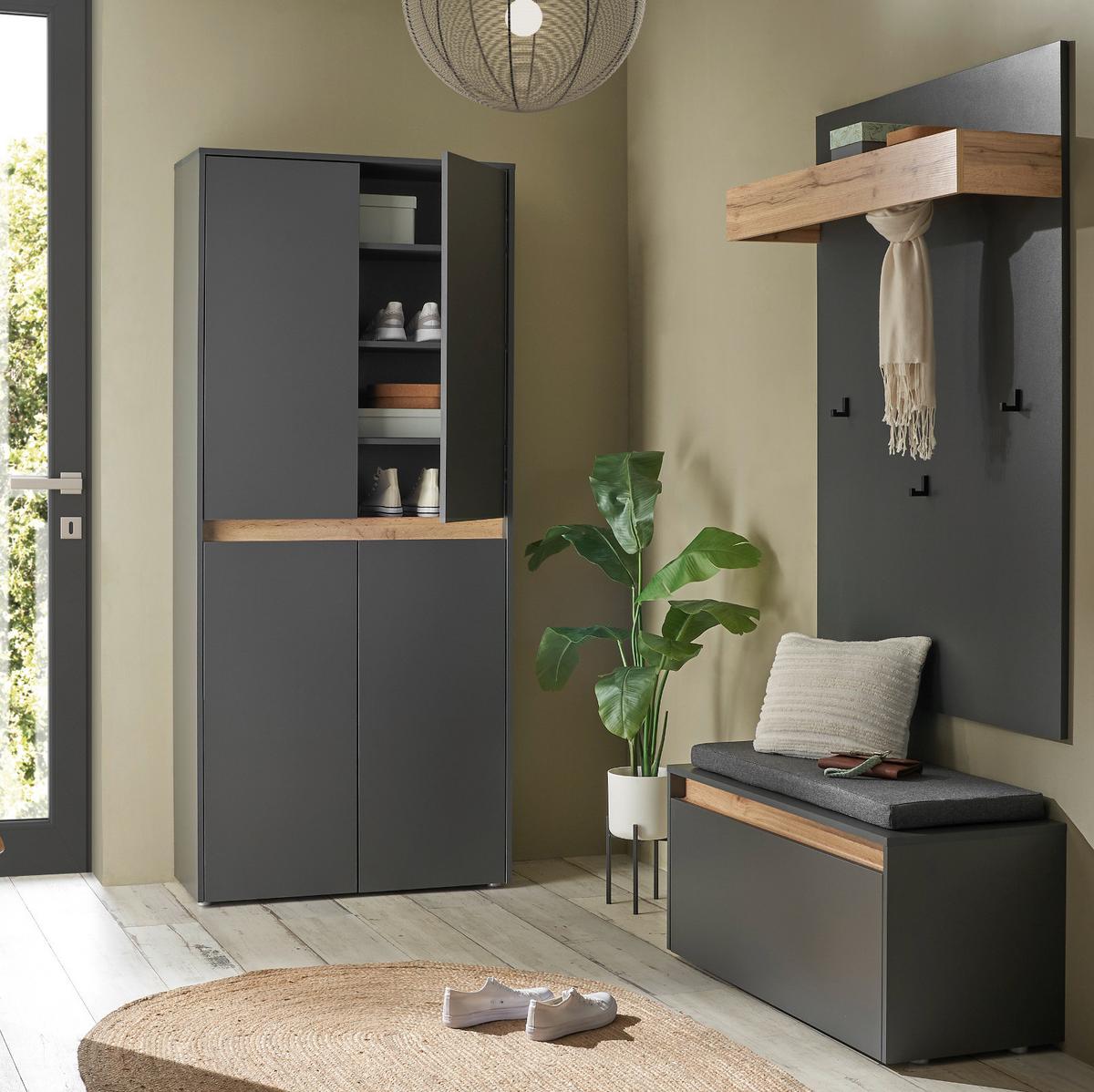 GARDEROBEN-SET grau matt, Eiche Wotan 195 cm 4-teilig, Flurgarderobe mit viel Stauraum - Eiche Wotan/Schwarz, Holzwerkstoff/Kunststoff (195/200/40cm) - Furn.Design