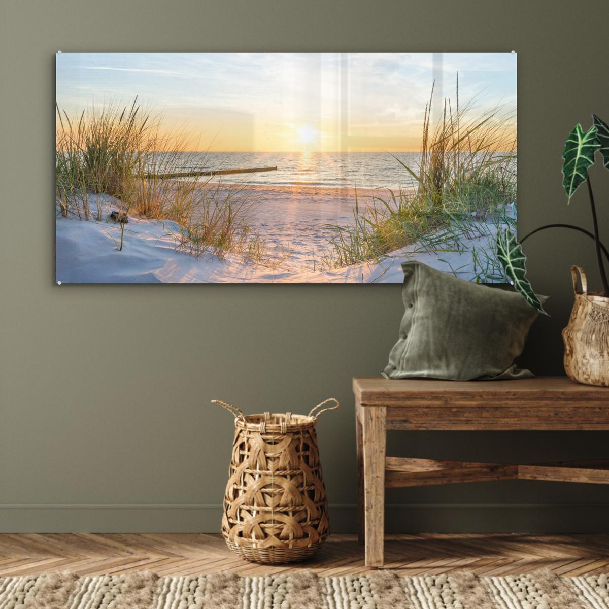 ACRYLGLASBILD Strand - Sonne - Düne - Gras - Sand - Horizont 120x60 cm - Hellblau, Glas (120/60cm) - MuchoWow