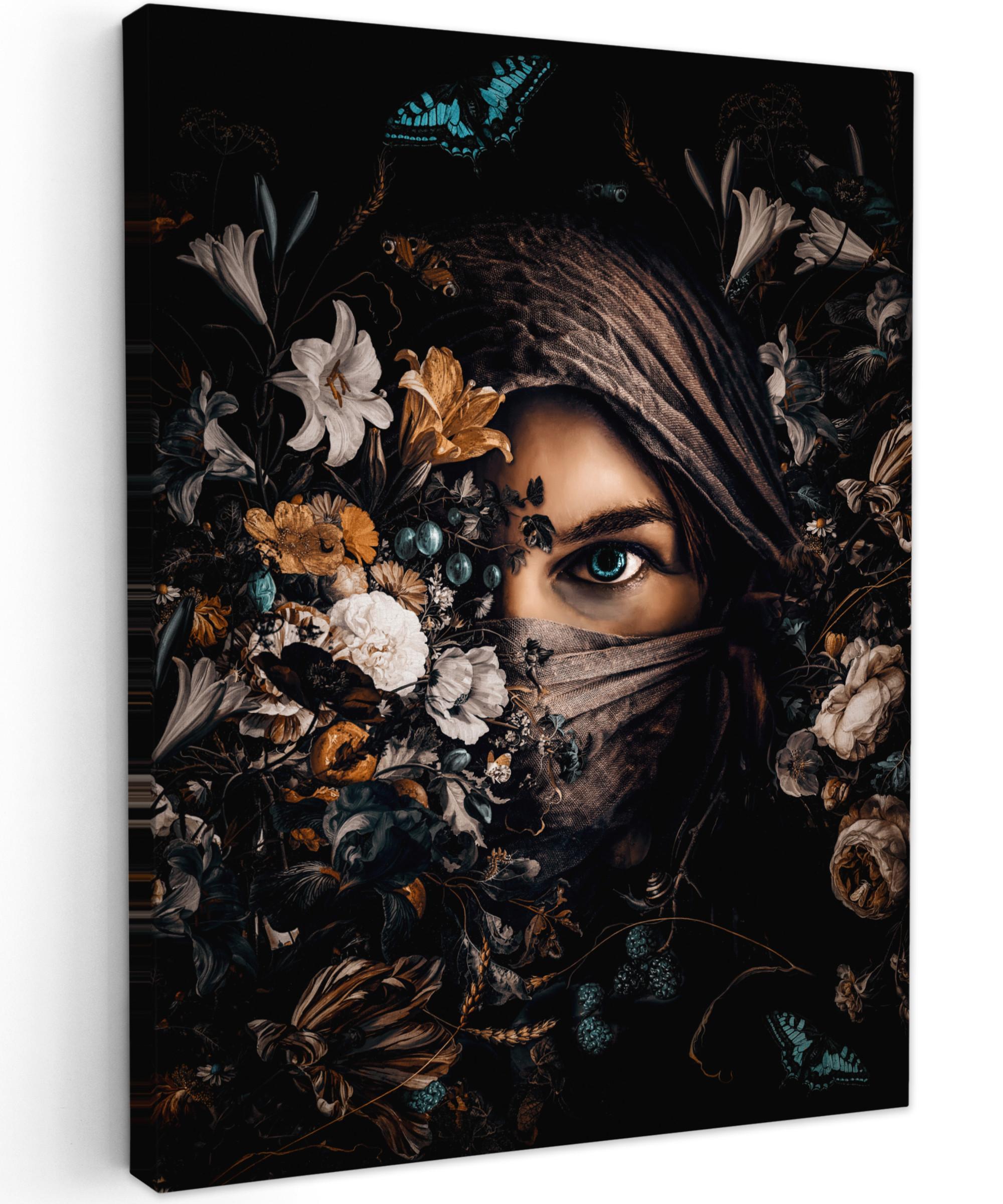 LEINWANDBILD Frau - Luxus - Blumen - Schmetterling - Porträt Room Decor 30x40 cm - Schwarz, Textil (30/40cm) - MuchoWow