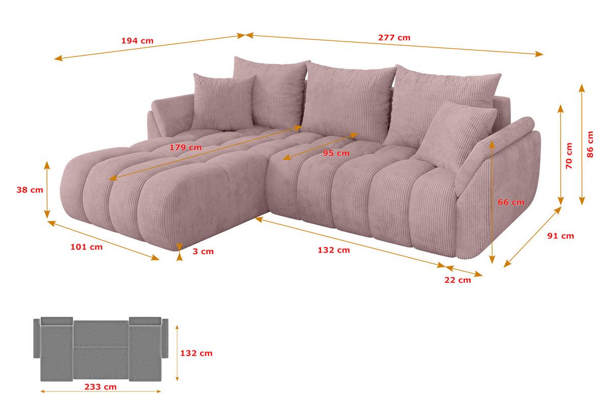 ECKSOFA mit Schlaffunktion Ottomane Links TOKO-L-v1 277x194x86 Rosa Cord - Schwarz/Rosa, Holzwerkstoff/Kunststoff (277/194cm) - ALTDECOR