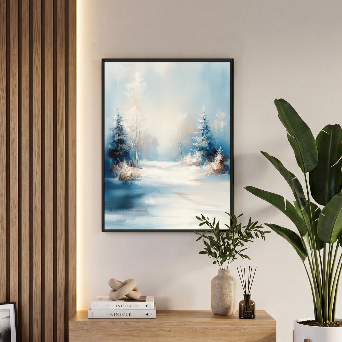 LEINWAND Bilder mit Rahmen - Wald – Winter – Natur – Abstrakt – Schnee - 50x70 - Weiß, Textil (50/70cm) - MuchoWow