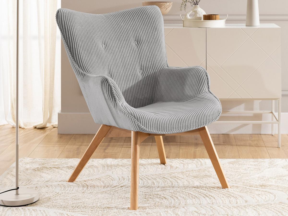 LOUNGESESSEL Lenari Hellgrau Cordstoff mit Füßen in Natur - Hellgrau/Naturfarben, Holz/Textil (71/96/86cm) - S-Style Möbel