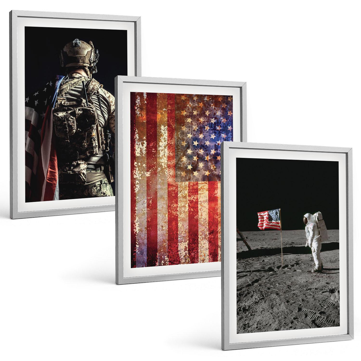 BILDER SET 3er Set - 40x60 cm Silberner Rahmen - Amerikanische Symbole, USA-Flagge - Silberfarben, Kunststoff (40/60cm) - TULUP