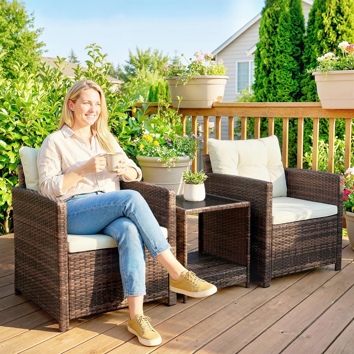 BISTROSET 3er Set PE-Rattan Stahl Cremeweiß - Creme/Schwarz, Kunststoff/Textil - Outsunny