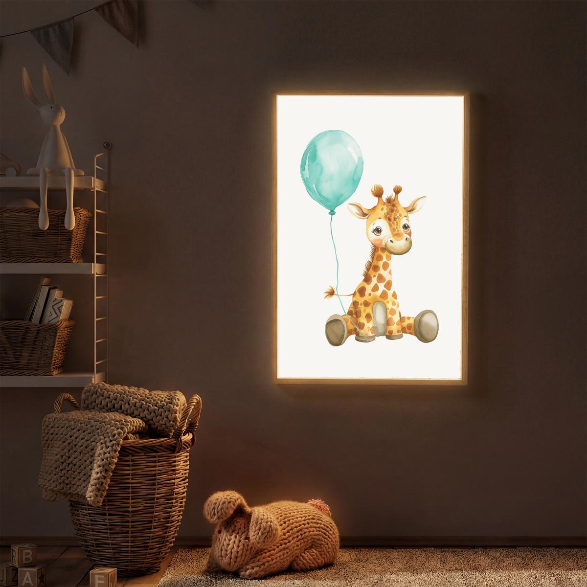 NACHTTISCHLAMPE MIT AKKU Giraffe - Baby - Tiere - Blauer Ballon 60x90 cm - Weiß, Holzwerkstoff (8/60/90cm) - OnlyWow