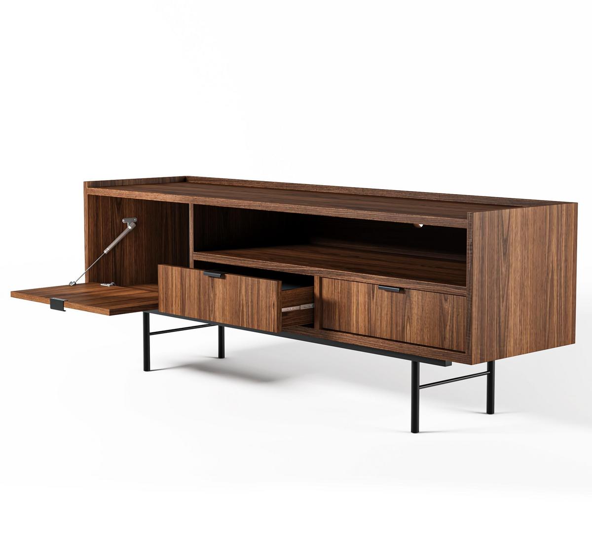 LOWBOARD Nordiva 1T 2S Warmia Walnut 150/55/40 cm – Metallgestell - Walnussfarben/Schwarz, Holzwerkstoff/Metall (155/55/40cm) - AX Living