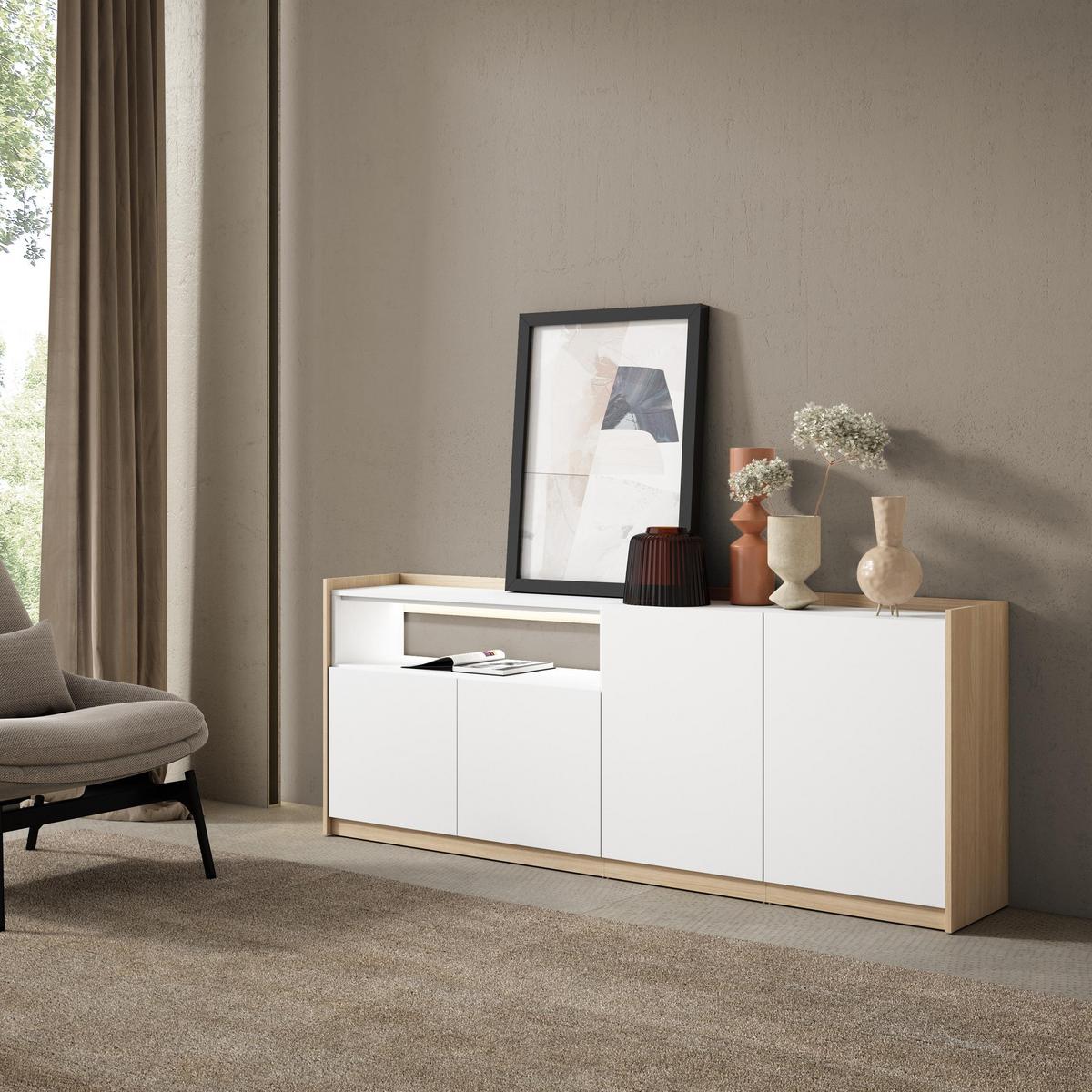 SIDEBOARD, Weiß und Eiche, 207/37/80cm, mit Led - Weiß, Holzwerkstoff (207/80/37cm) - Skraut Home