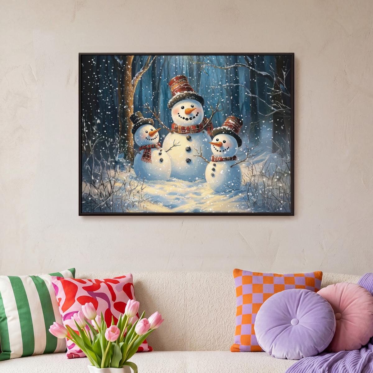 LEINWAND Bilder mit Rahmen - Schneemann - Schnee - Winter - Wald - 80x60 - Hellblau, Textil (80/60cm) - MuchoWow