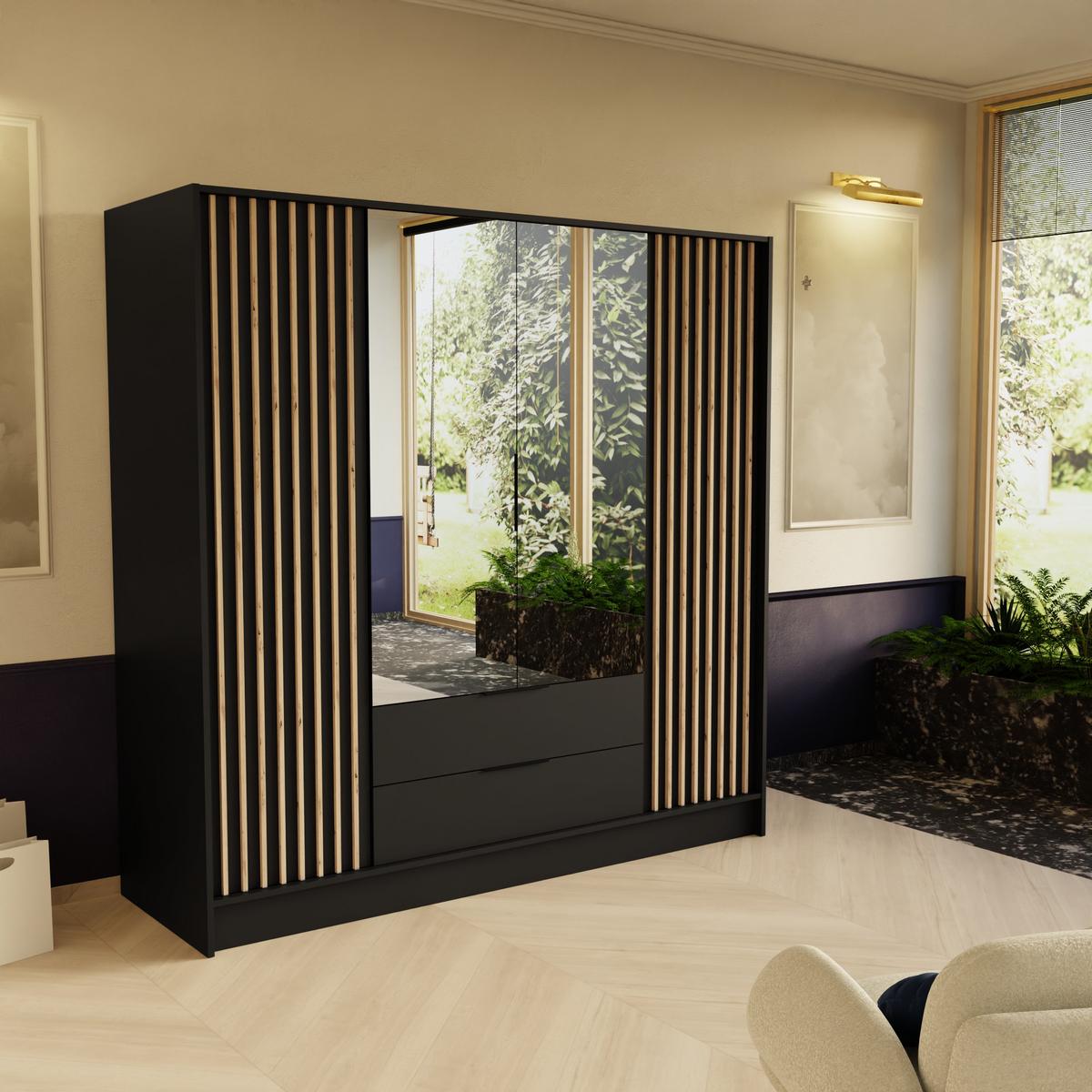 DREHTÜRENSCHRANK PELOR 200/200/51 cm Modern Kleiderschrank 4-türig mit Spiegel Schwarz - Schwarz, Holzwerkstoff (200/200/51cm) - MASSENO