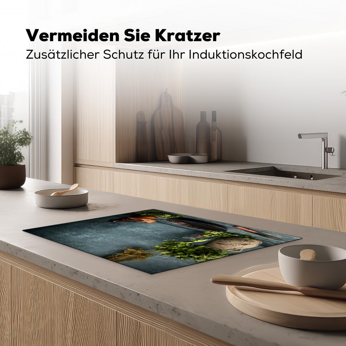 HERDABDECKPLATTE Kräuter - Gewürze - Pfanne - Messer - Grau - Rustikal Herdabdeckung Induktionsfeld 70x52 cm - Petrol, Kunststoff (70/52/0.2cm) - MuchoWow