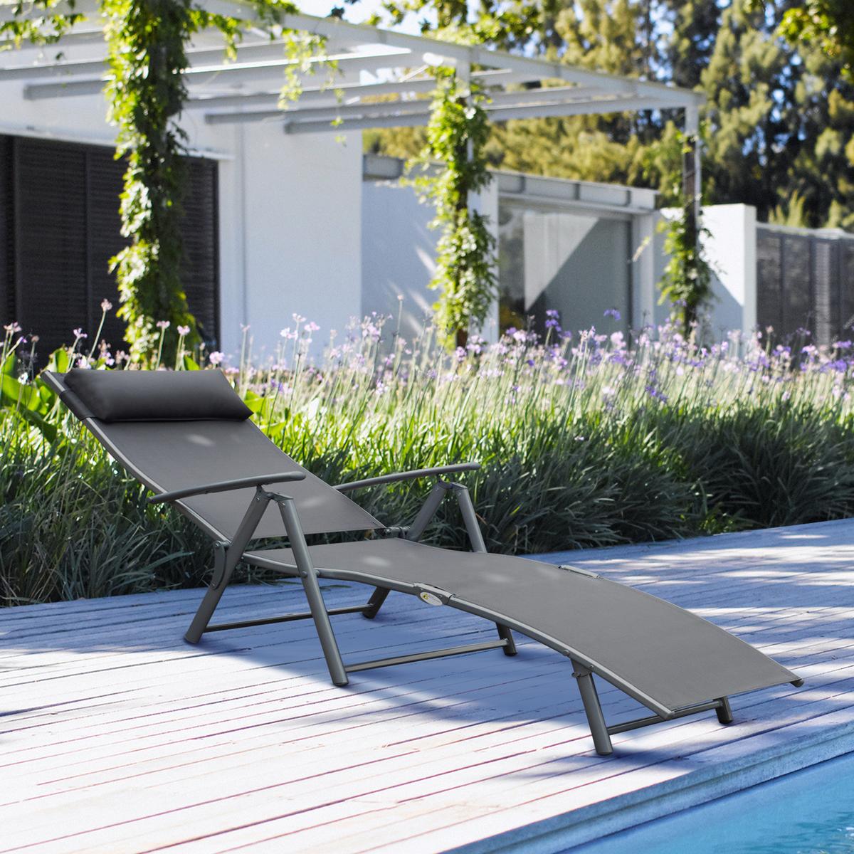 SONNENLIEGE, klappbar, mit Kissen, 137 x 63,5 x 100,5 cm, Metall, Stoff, Grau - Grau, Kunststoff (63.5/100.5/137cm) - Outsunny