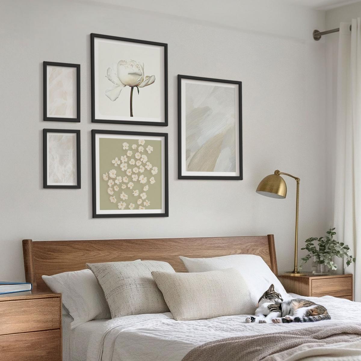 BILDER SET 5er Set - 50x50 cm & 20x30 cm & 40x60 cm Schwarzer Rahmen - Blumen, modische Boho-Texturen - Schwarz, Kunststoff (40/60cm) - TULUP