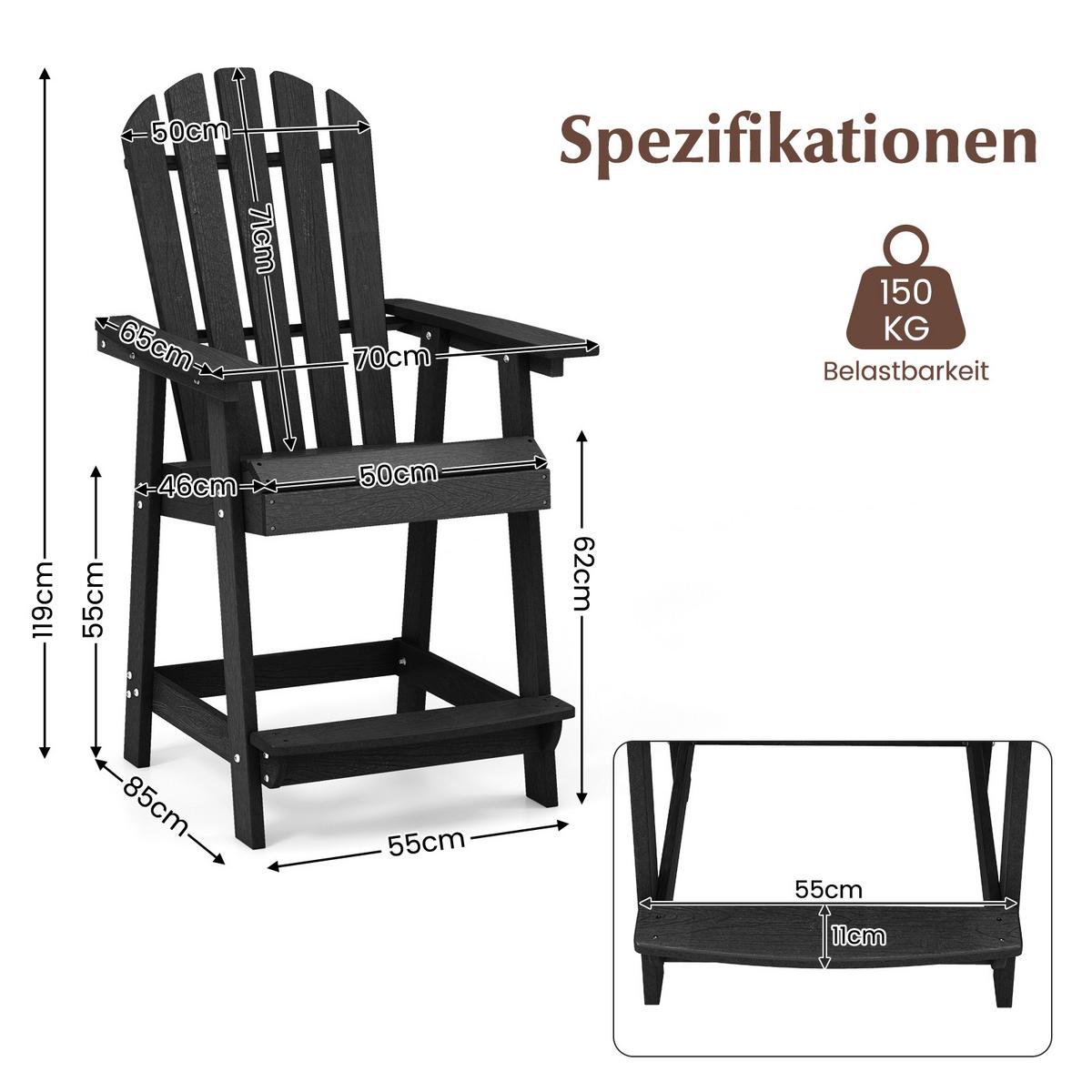 STUHL Hoher Adirondack Schwarz - Schwarz, Kunststoff (85/119/70cm) - COSTWAY