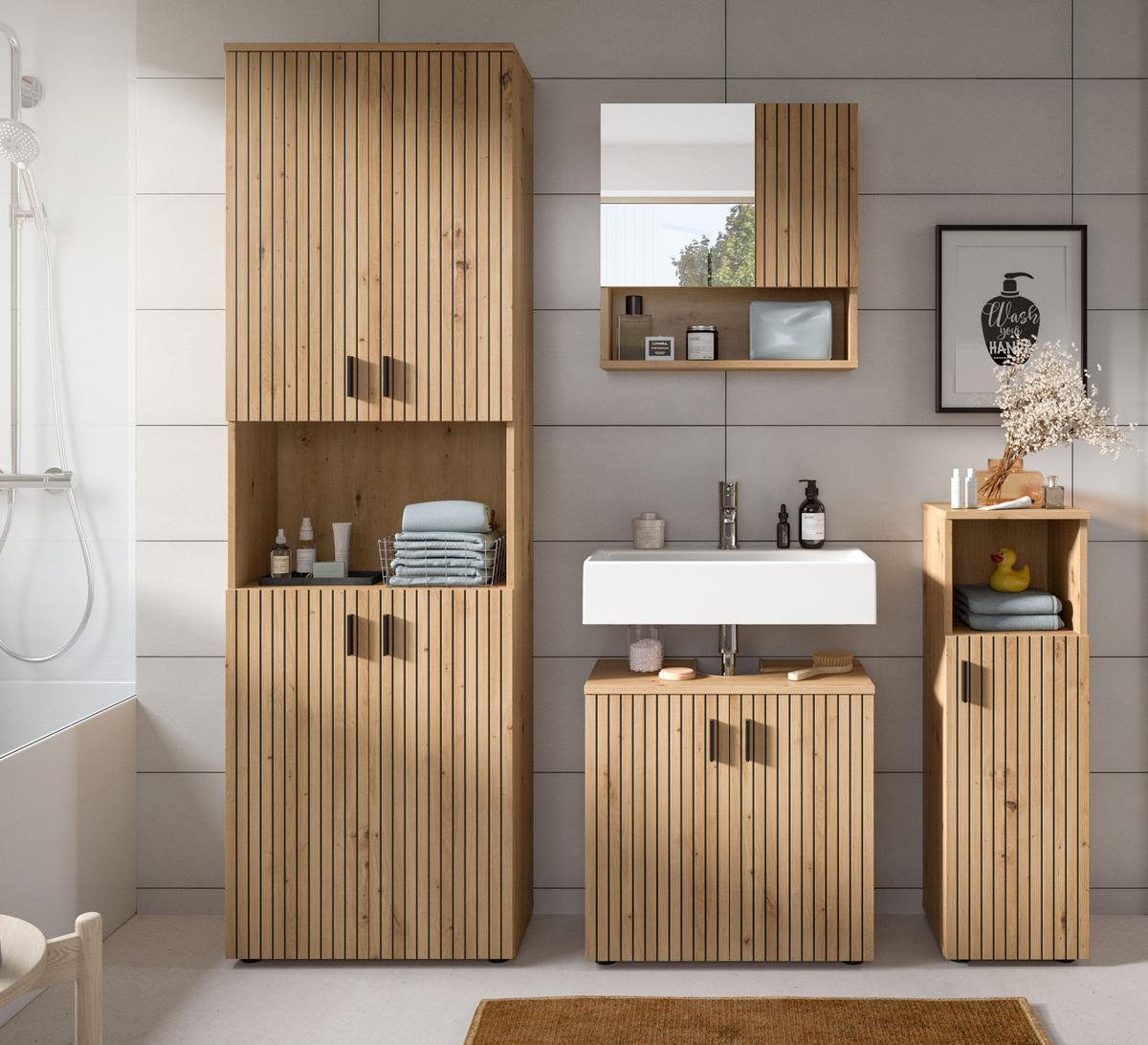 WASCHBECKENUNTERSCHRANK Eiche Artisan 80 cm, Badezimmer Unterschrank mit Rillen-Optik - Schwarz/Eiche Artisan, Holzwerkstoff/Kunststoff (60/59/30cm) - Inn.Furn
