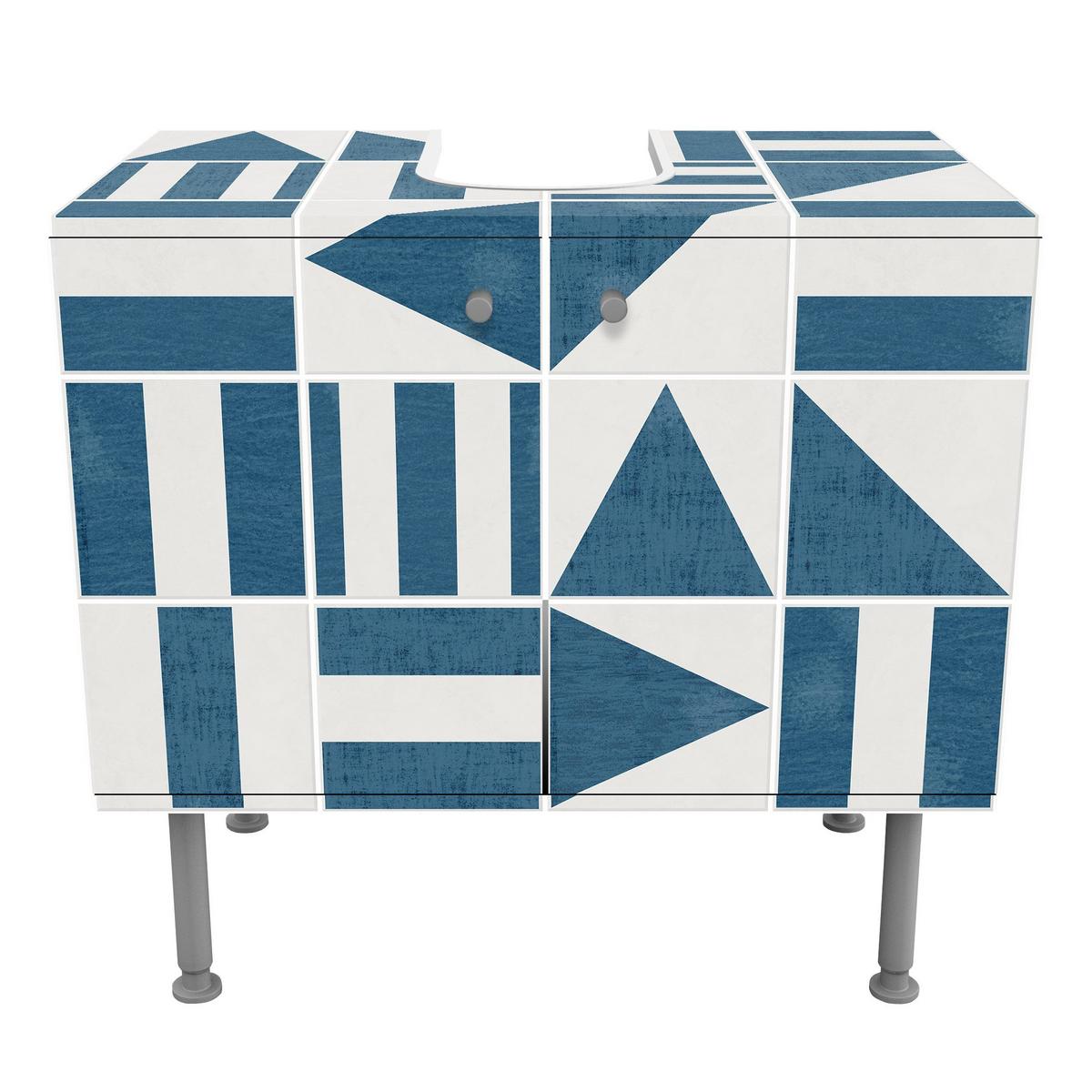 WASCHBECKENUNTERSCHRANK Fliesen mit geometrischen Formen Blau Shabby 60/55/35 cm - Blau, Holzwerkstoff (60/55/35cm) - Bilderwelten