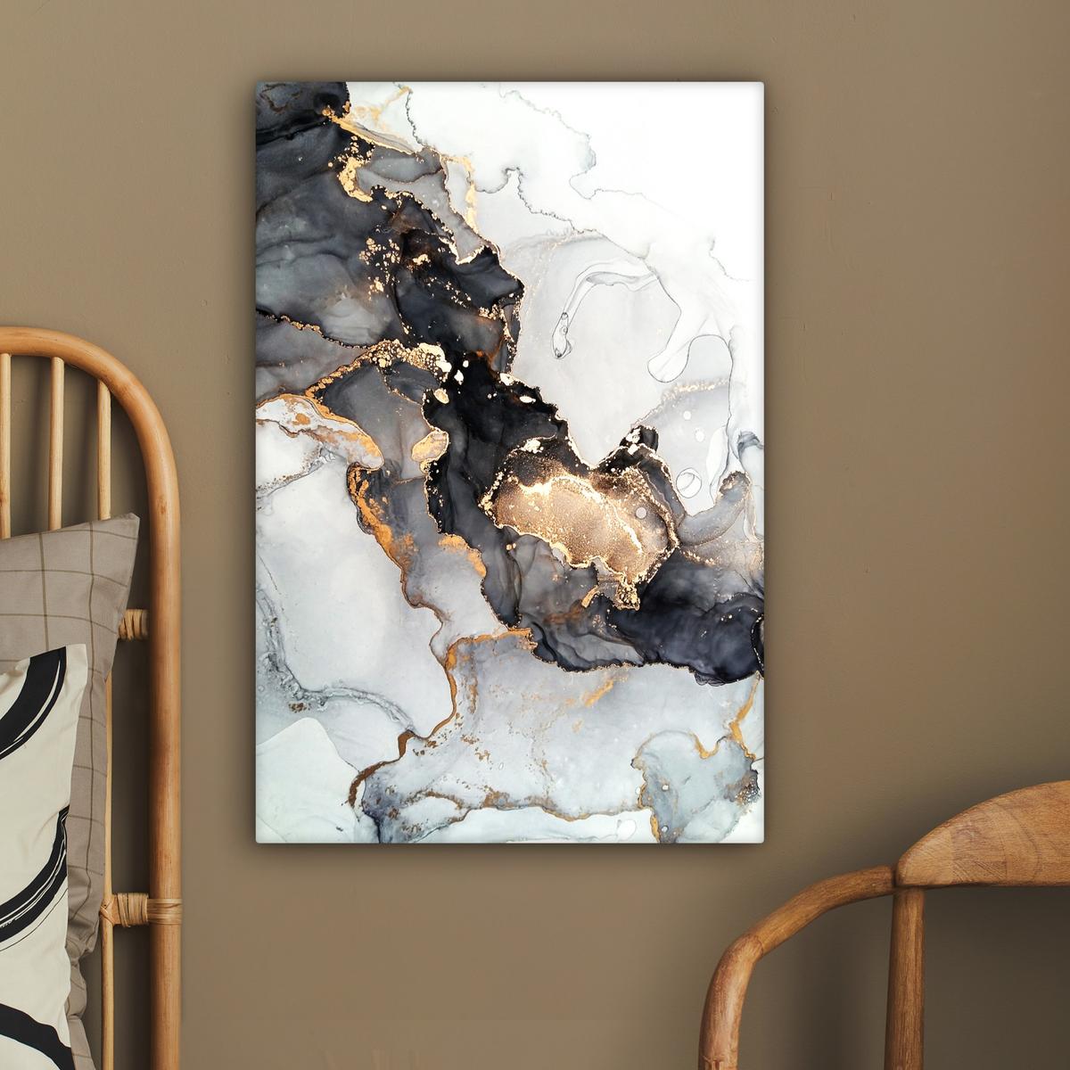 LEINWANDBILD Marmor - Schwarz - Weiß - Gold - Luxus - Abstrakt Wanddeko Schlafzimmer 60x90 cm - Goldfarben, Textil (60/90cm) - MuchoWow
