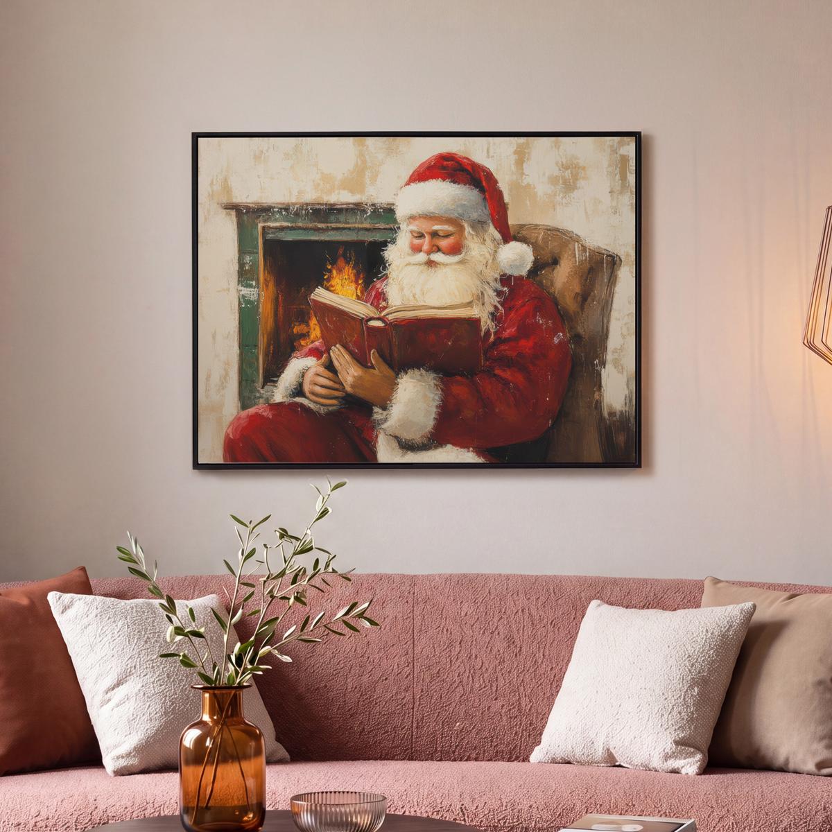 LEINWAND Bilder mit Rahmen - Weihnachten - Weihnachtsmann - Winter - Open Fireside - 70x50 - Dunkelrot, Textil (70/50cm) - MuchoWow