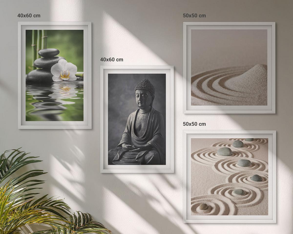 BILDER SET 4er Set - 50x50 cm & 40x60 cm Weißer Rahmen - Ein entspannter Buddha am Strand - Weiß, Kunststoff (50/50cm) - TULUP