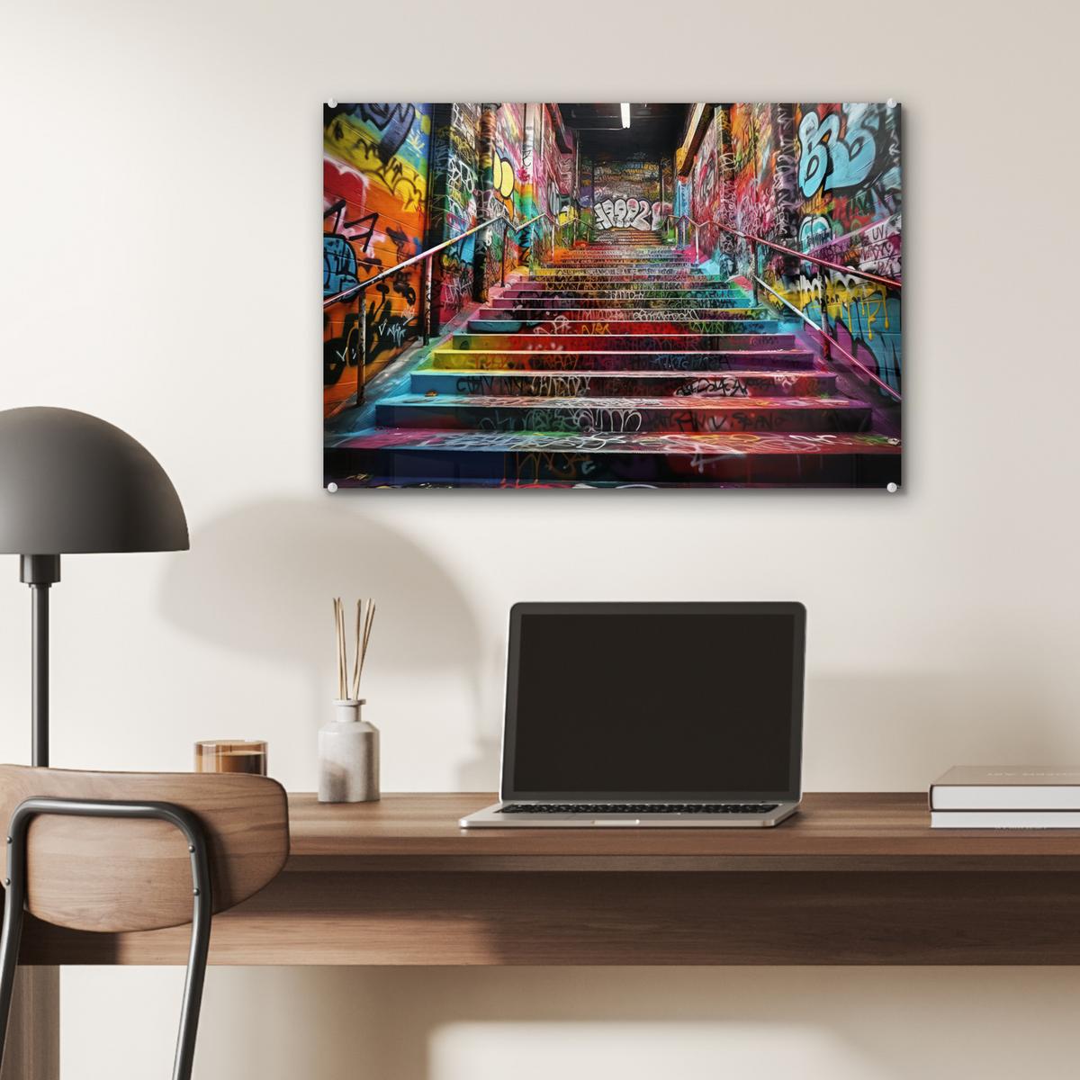 ACRYLGLASBILD Treppe - Graffiti - Farben - Kunst Wanddeko 60x40 cm - Multicolor, Glas (60/40cm) - MuchoWow