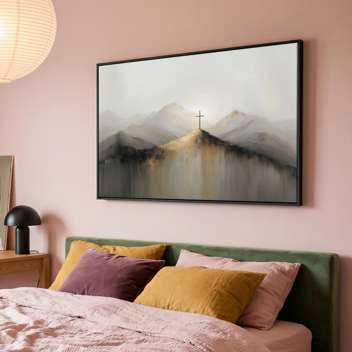 LEINWAND Bilder mit Rahmen - Hügel - Abstrakt - Kreuz - Christentum - 150x100 - Beige, Textil (150/100cm) - MuchoWow