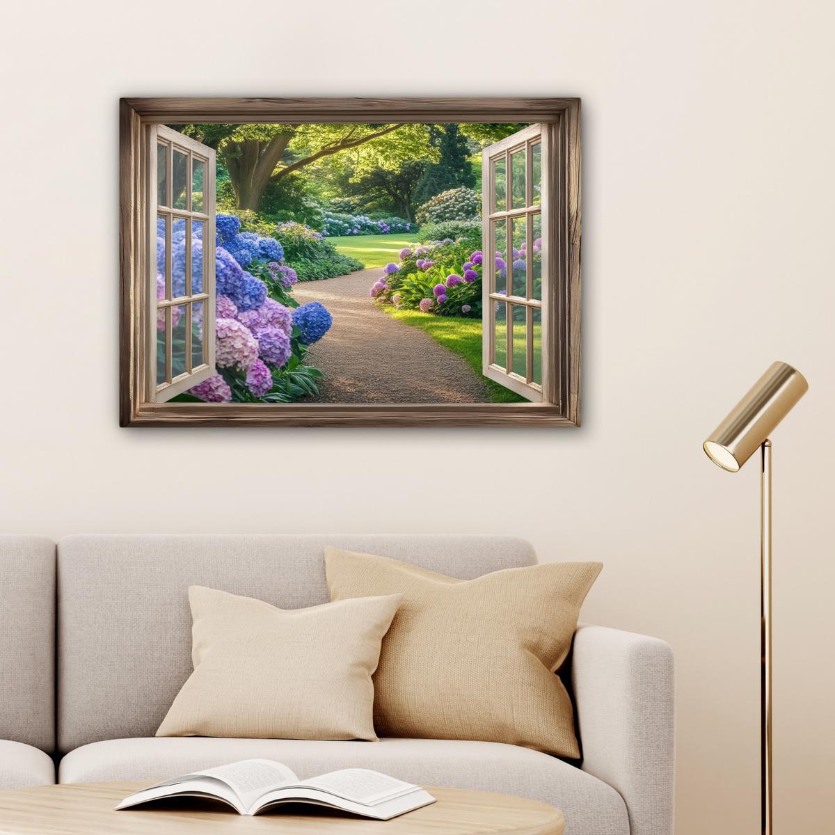 LEINWANDBILD Aussicht - Garten - Fenster - Hortensie - Blumen Wandbilder 80x60 cm - Pastellblau, Textil (80/60cm) - MuchoWow