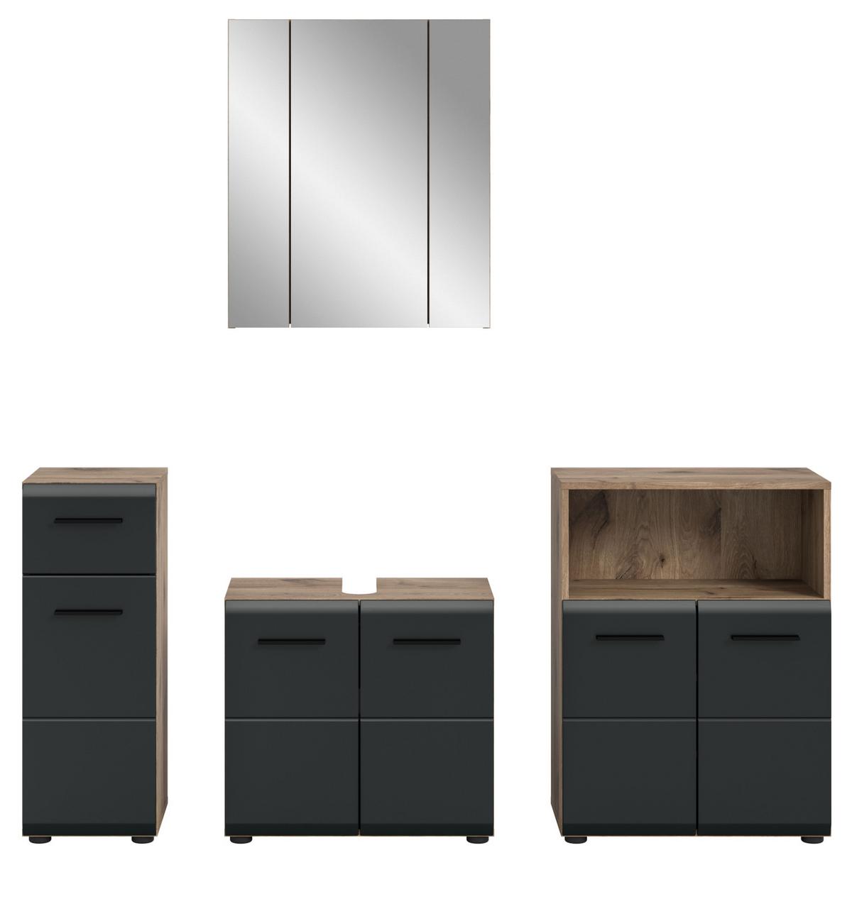 BADMÖBEL-SET 4-teilig schwarz matt, Eiche Nox, Badezimmer mit viel Stauraum, 180 x 185 cm - Eichefarben/Schwarz, Glas/Holzwerkstoff (180/185/30cm) - Inn.Furn