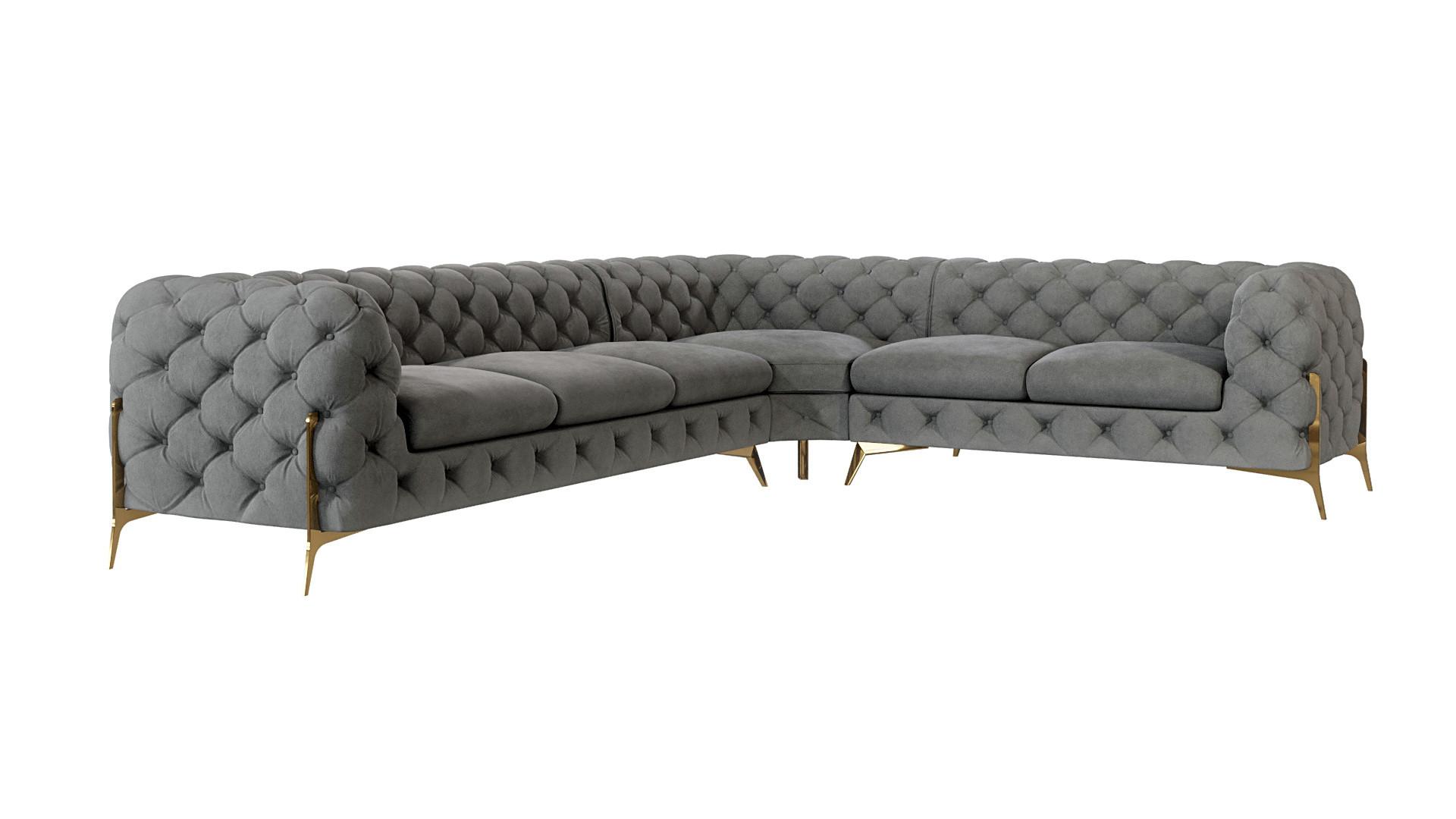 ECKSOFA Chesterfield Lexi Grau Samt, langer Schenkel links - Goldfarben/Grau, Holz/Textil (323/264cm) - S-Style