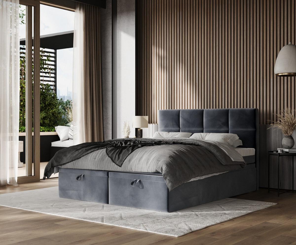 BOXBETT Tessa 140/200 cm Dunkelgrau im Kronos Stoff - Dunkelgrau/Schwarz, Holz/Holzwerkstoff (140/200cm) - AltaBeds
