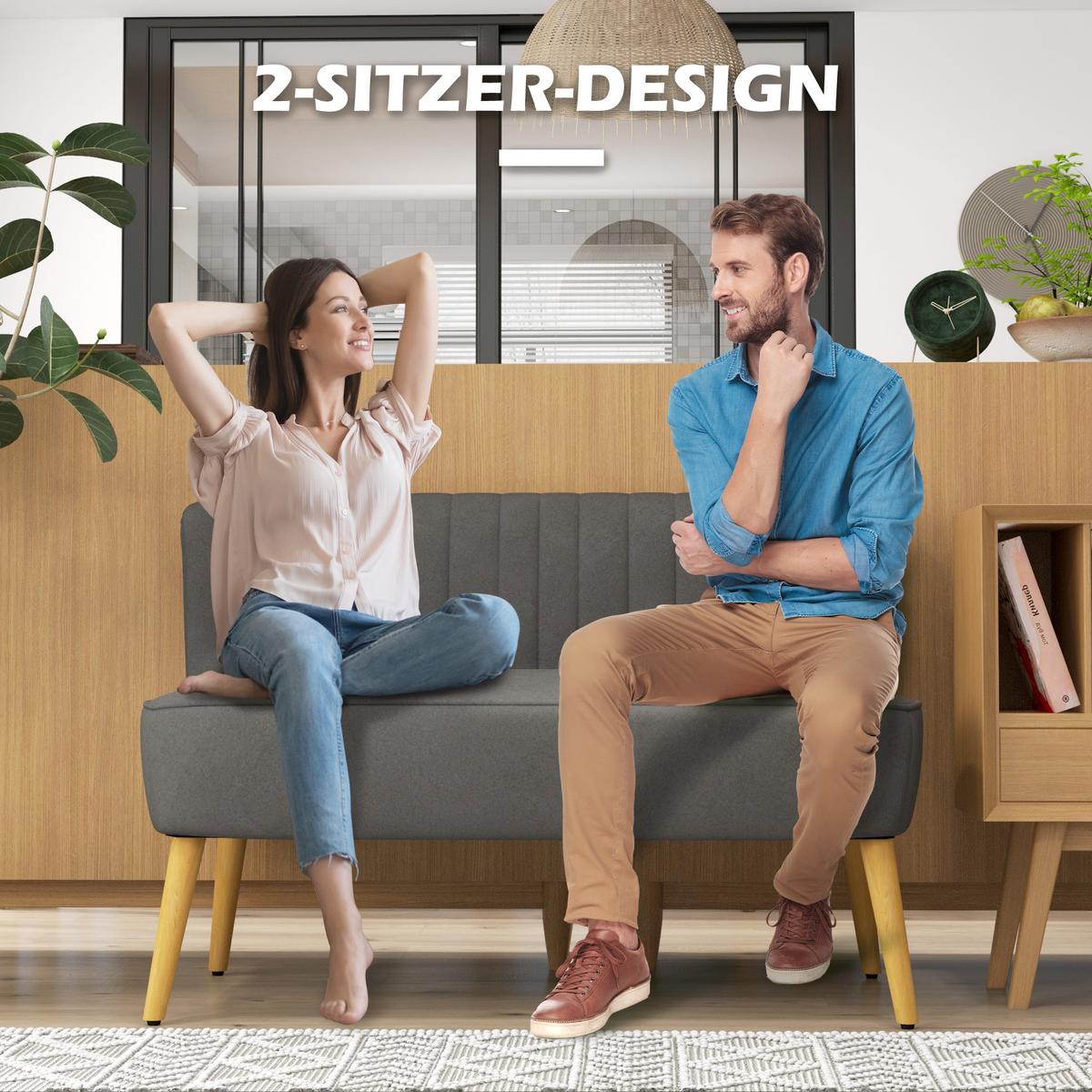 2-SITZER Sofa Zweisitzer, Loveseat mit Leinenoptik, Doppelsofa mit Holzbeine - Dunkelgrau/Graubraun, Holz/Textil (56.5/77/117cm) - HOMCOM