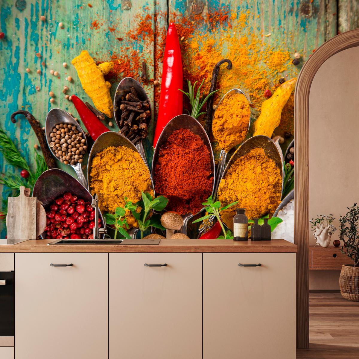 FOTOTAPETE für Küche Gewürze Holz Rustikal Paprika Ingwer 450x315 - Türkis/Blau, Papier (450/315cm) - Muralo