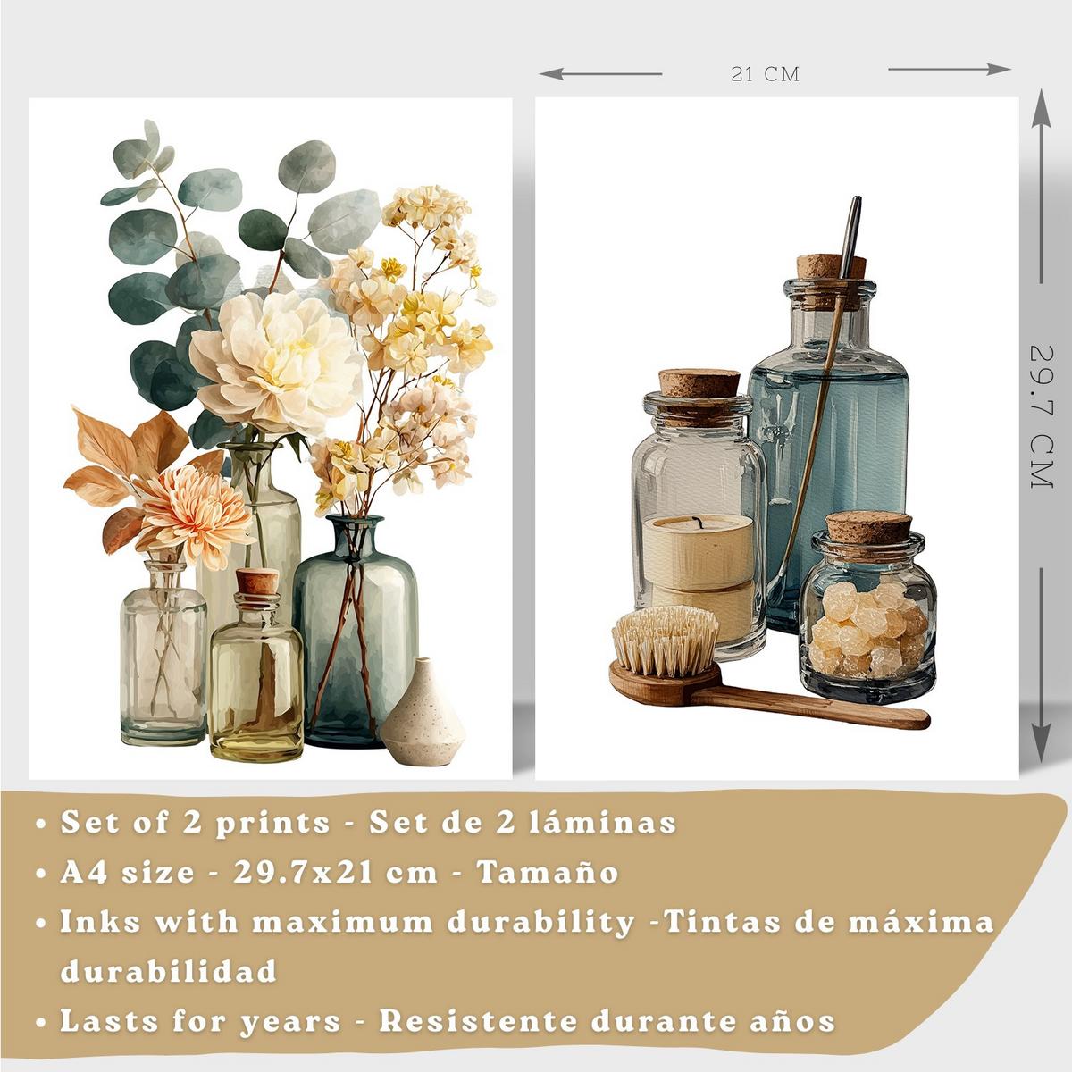 POSTER 2er-Set dekorative Badezimmer-Poster, minimalistische Wandbilder moderne Dekoration mit Blumen und Flaschen Leichter Holzrahmen A4 - Beige, Papier (29.7/21/3cm) - Nacnic