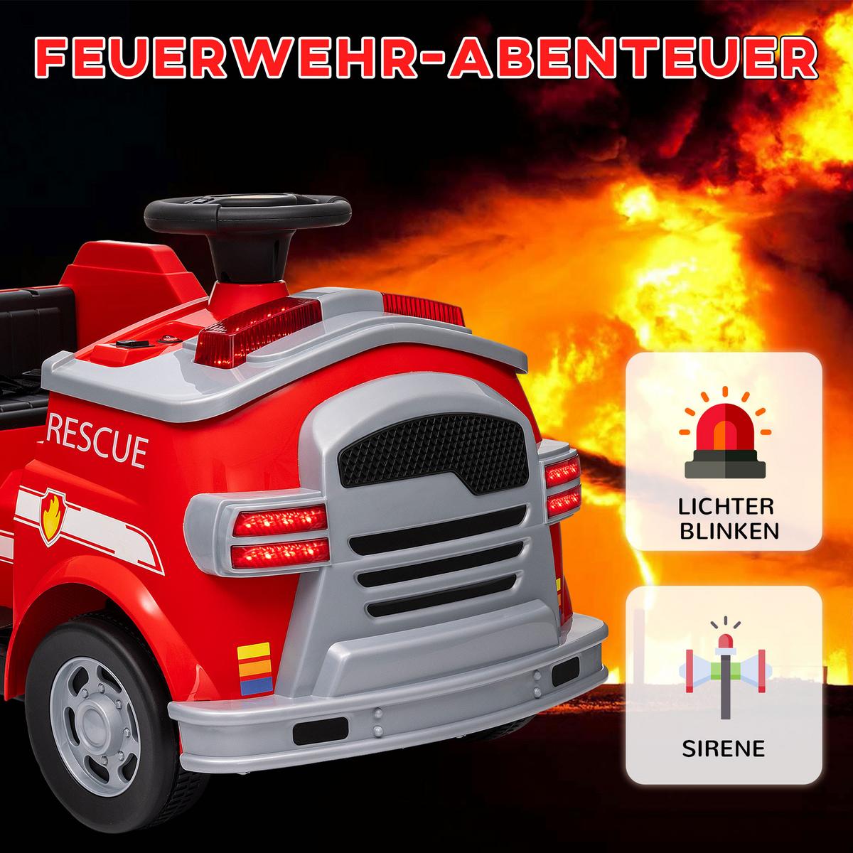 FEUERWEHRAUTO, max. 3 km/h, Sirene, Blaulicht, Werkzeuge, für Kinder 3-5 Jahre - Rot, Metall (86/49/52cm) - AIYAPLAY